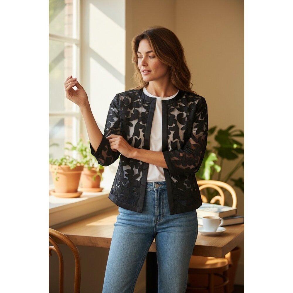 Talbots Collection Petite Black Sheer Lace Open Front Topper Size 12 P